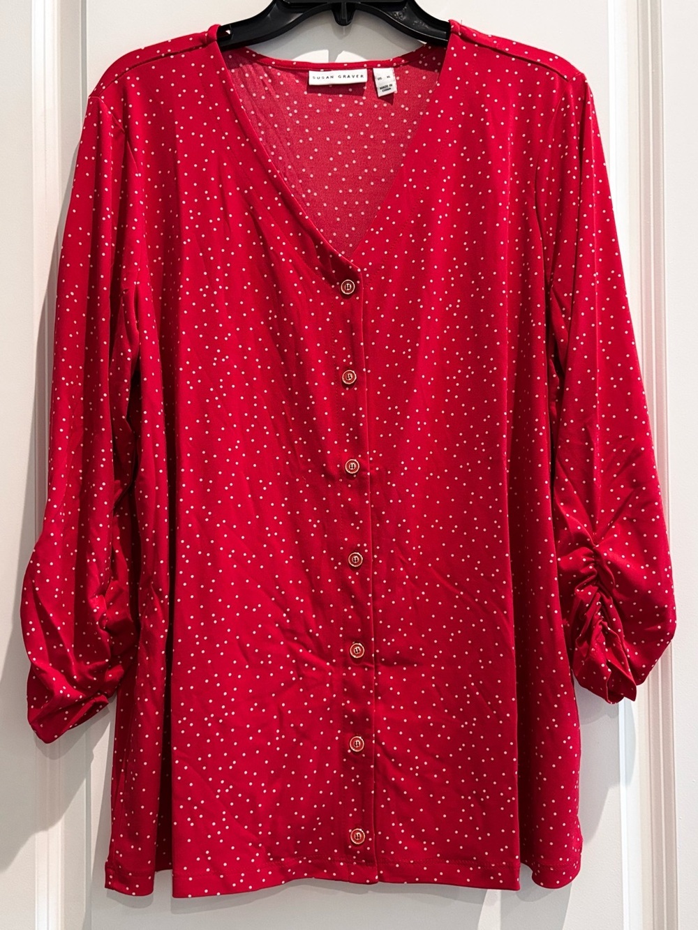 Susan Graver Red Polka Dot Button Front V-Neck Blouse Top XL NWT Lightweight